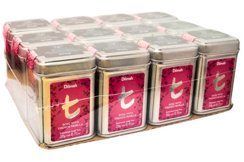 An image of Case of Dilmah - Rose with French Vanilla Gourmet Leaf Tea - 12 Mini Caddy x 20g  from Best Before Its Gone, we stock products near or past their best Before Date.