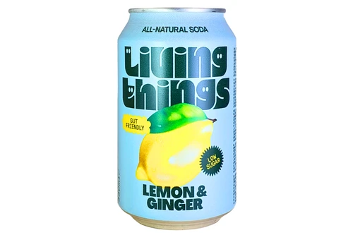 An image of Living Things - Lightly Sparkling Lemon & Ginger Biotic Soda - Low Sugar - 330ml from Best Before Its Gone, we stock products near or past their best Before Date.