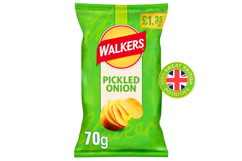 An image of Walkers - Pickled Onion Flavour Crisps - 70g from Best Before Its Gone, we stock products near or past their best Before Date.