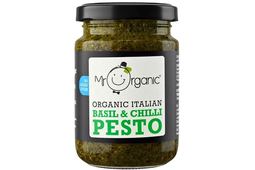 An image of Mr Organic - Basil & Chilli Pesto - No Added Sugar - Vegan - 130g from Best Before Its Gone, we stock products near or past their best Before Date.
