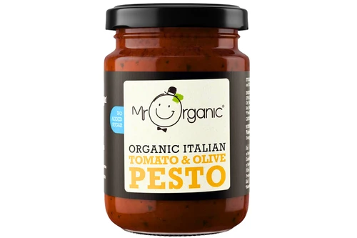 An image of Mr Organic - Tomato & Olive Pesto - No Added Sugar - Vegan - 130g from Best Before Its Gone, we stock products near or past their best Before Date.