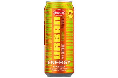 An image of Best-in - Urban Energy Drink - Mango Carbonated Fruit Flavour Drink - 500ml from Best Before Its Gone, we stock products near or past their best Before Date.