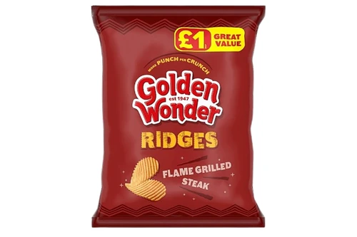 An image of Golden Wonder - Ridges - Flame Grilled Steak Flavour - Vegan - 57g from Best Before Its Gone, we stock products near or past their best Before Date.