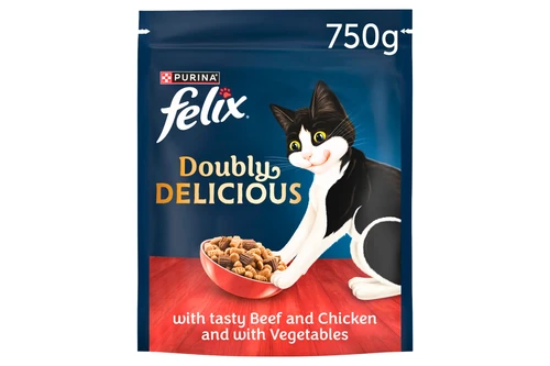 An image of Purina - Felix - Doubly Delicious - Beef, Chicken & Veg Complete Dry Cat Food - 750g from Best Before Its Gone, we stock products near or past their best Before Date.