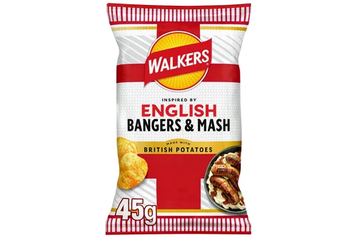 An image of Walkers - English Bangers & Mash Flavour Potato Crisps - 45g from Best Before Its Gone, we stock products near or past their best Before Date.