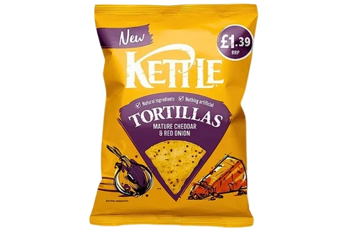 An image of Kettle - Tortillas - Mature Cheddar & Red Onion Tortilla Chips - 70g from Best Before Its Gone, we stock products near or past their best Before Date.