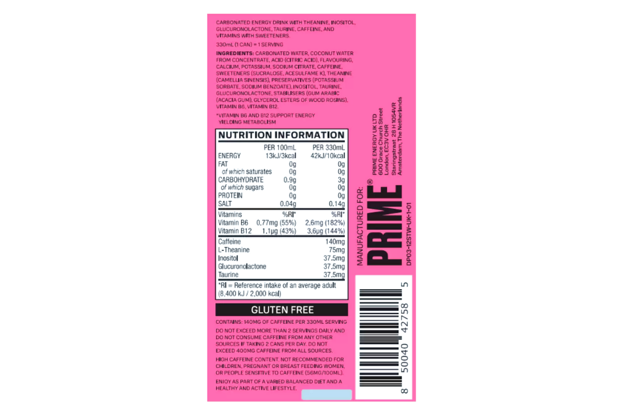 Prime Strawberry & Watermelon Flavour Energy Drink 330ml Best