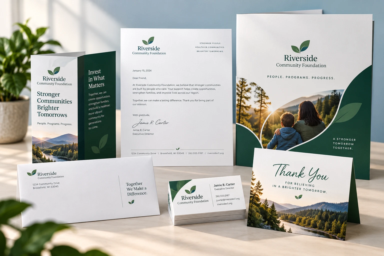 Coordinated nonprofit printed materials including brochure, letterhead, business cards and thank you cards