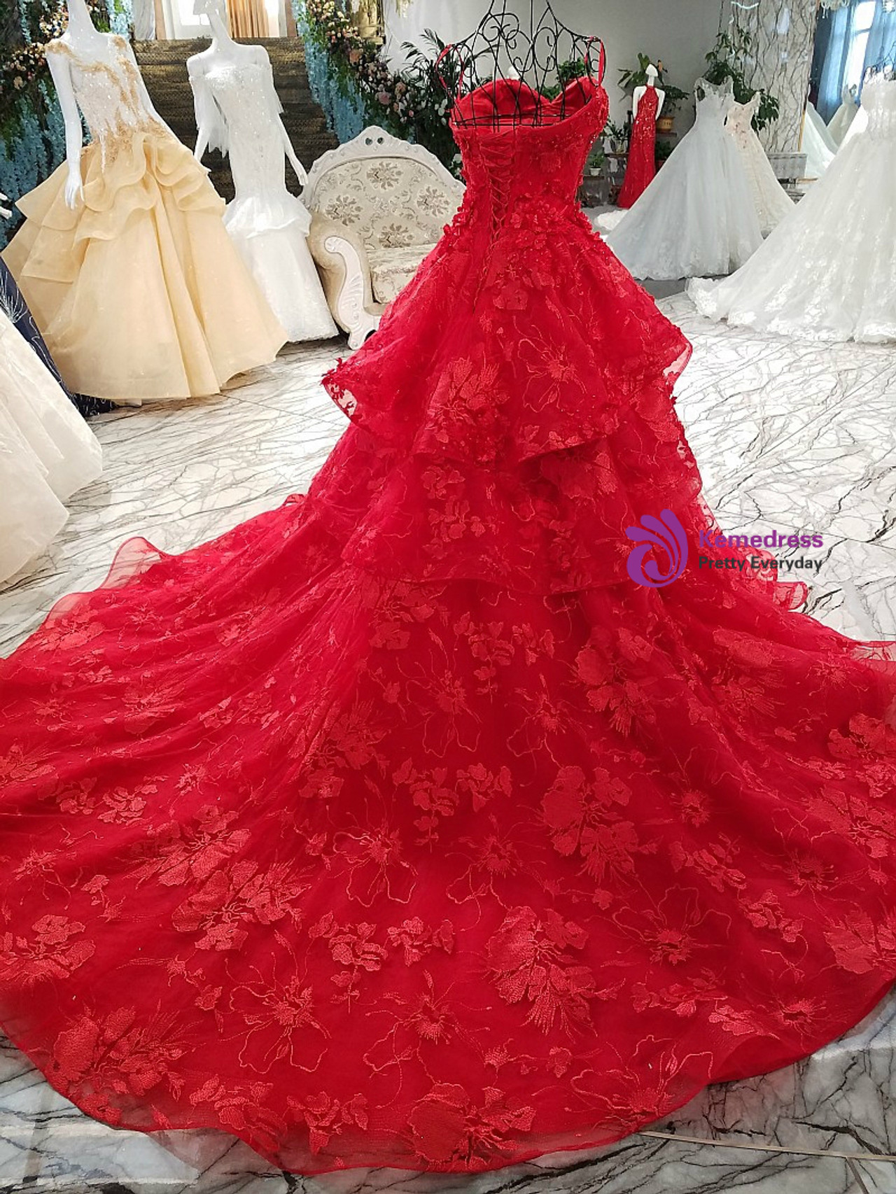 Red Prom Dress Ball Gown Quinceanera Dresses 3D Flowers Princess Corse –  formalgowns