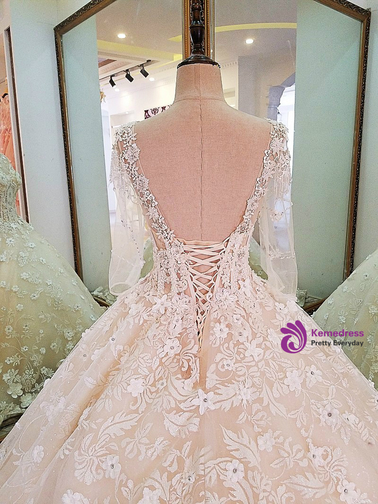 Princess Lace Applique Arabic Wedding Dress With Sheer Neckline And Long  Sleeves Elegant Laces Up Bridal Gown Q137 From Lilliantan, $192.07 |  DHgate.Com