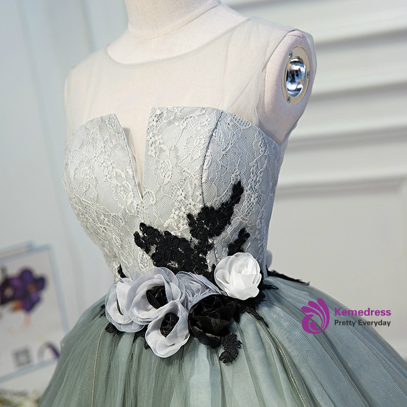 2018 Gray Tulle Appliques Scoop Homecoming Dress