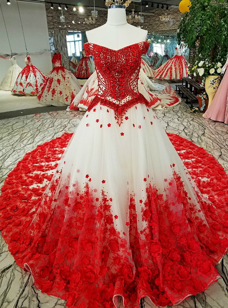 Luxury Ball Gown Tulle Flower Off The Shoulder Wedding Dress