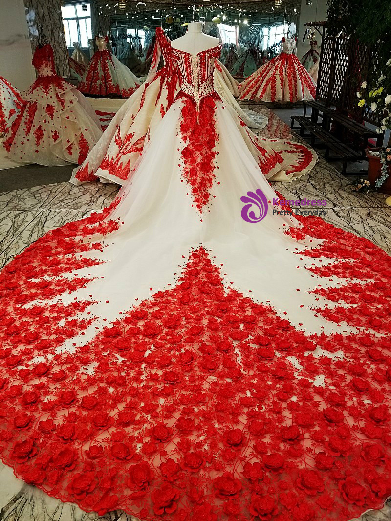 Luxury Ball Gown Tulle Flower Off The Shoulder Wedding Dress
