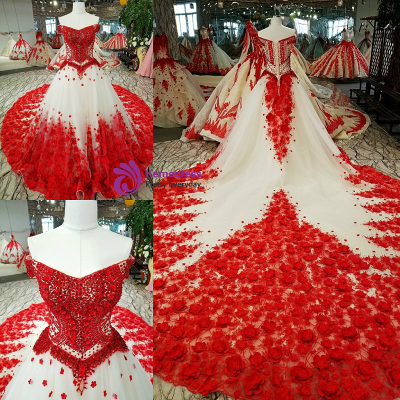 Luxury Ball Gown Tulle Flower Off The Shoulder Wedding Dress