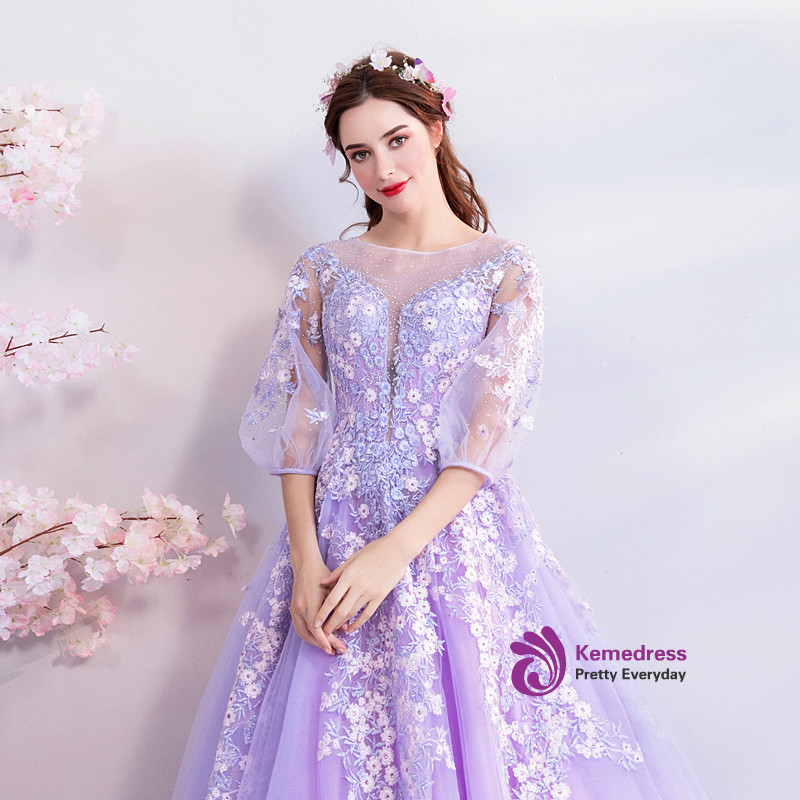 open lace back dress Puff Sleeve Quinceanera Dress by Ragazza EV77-677 9 / Lilac/Sky Blue main image 0