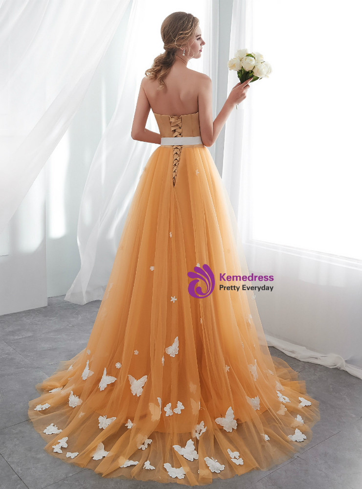 orange dress with gold butterflies Butterfly dress