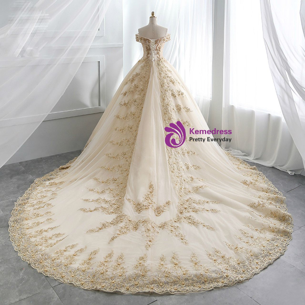 Buy Gold Lace Appliques Heavy Embroidery Bridal Gown Dress - For Sale -  Turkeyfamousfor