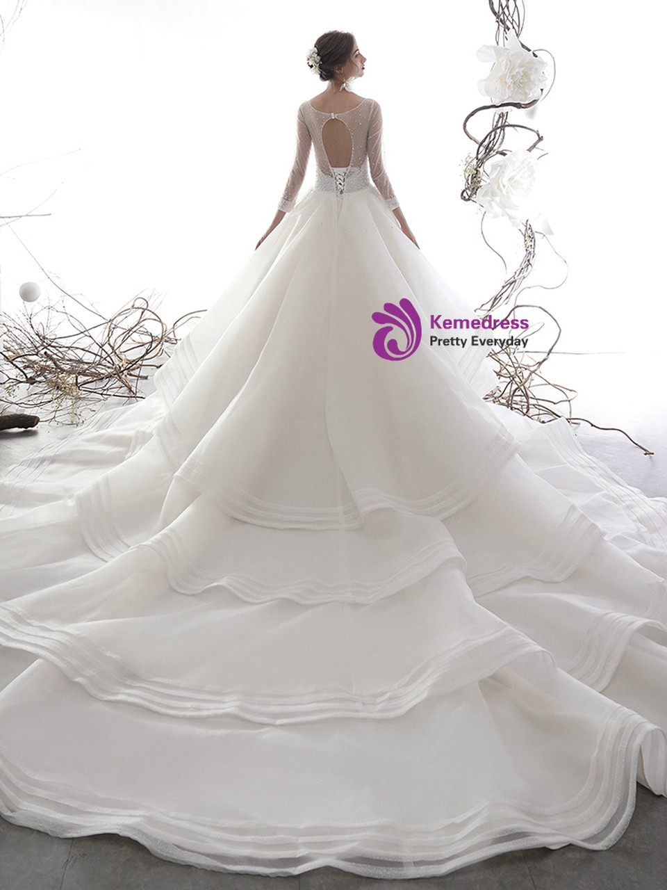Champagne Ball Gown Long Sleeve Tulle Beading Sequins Backless Wedding Dress