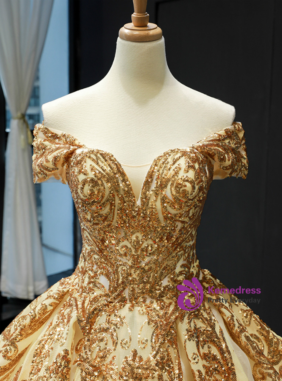 Gorgeous Gold Ball Gown Sequins Off the Shoulder Floor Length Quinceanera Dresses Gorgeous Gold Ball Gown Sequins Off the Shoulder Floor Length Quinceanera Dresses