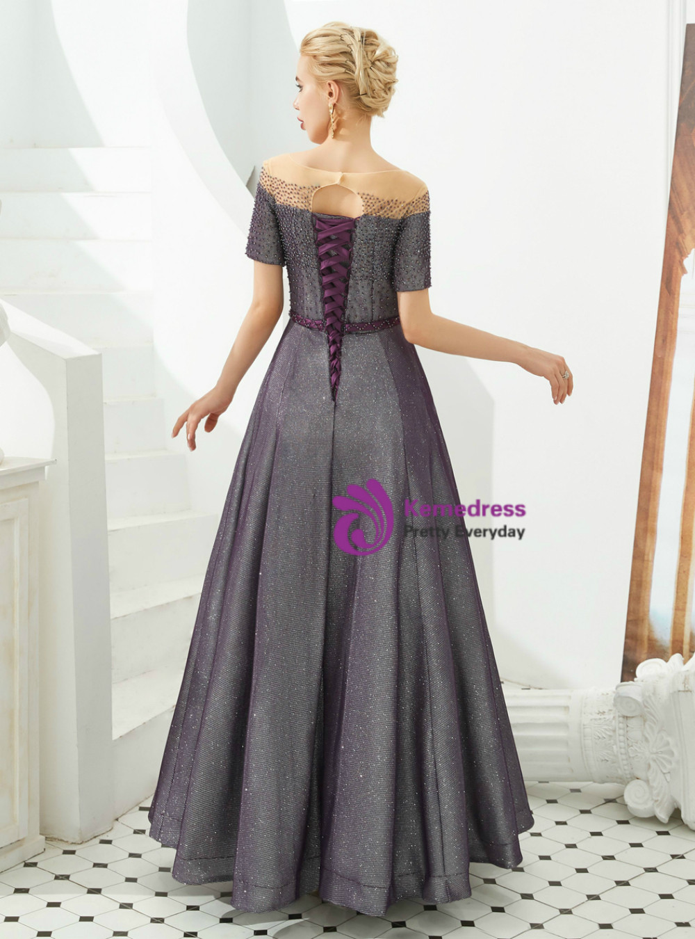open lace back dress Modest Tulle Formal Dresses with Lace Cap Sleeves
