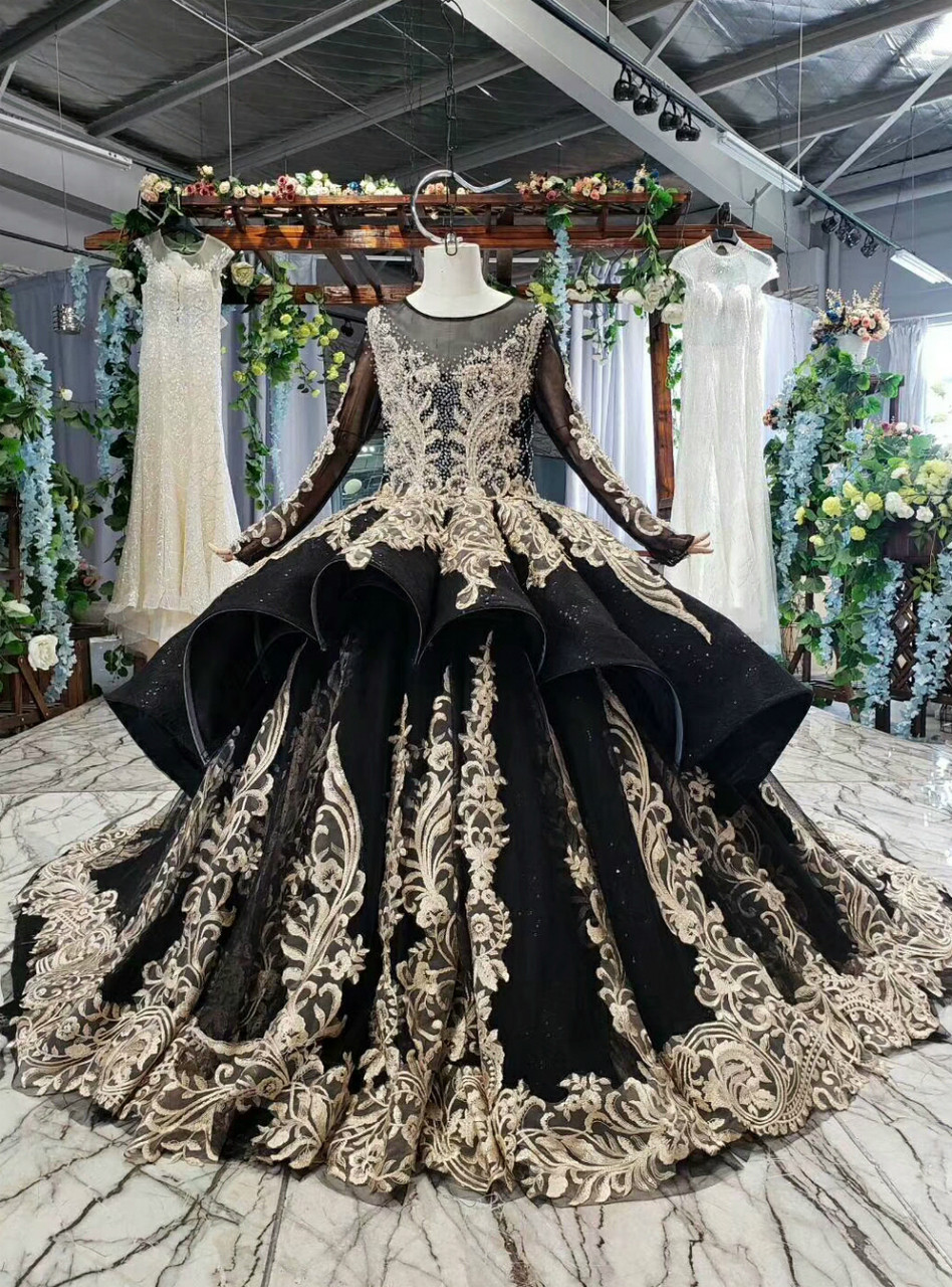 Black Gold Lace Appliques Long Sleeve Beading Flower Girl Dress With Long Train Black Gold Lace Appliques Long Sleeve Beading Flower Girl Dress With Long Train