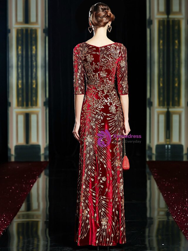 Fabulous Burgundy Velvet V-neck 3/4 Sleeve Gold Sequins Long Mother Of The  Bride Dress
