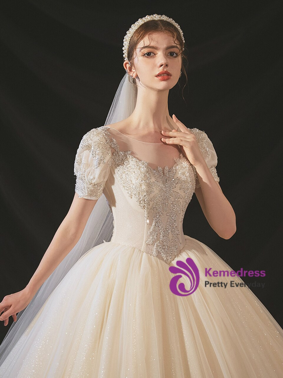Impressive Champagne Tulle Puff Sleeve Beading Sequins Backless Wedding Dress