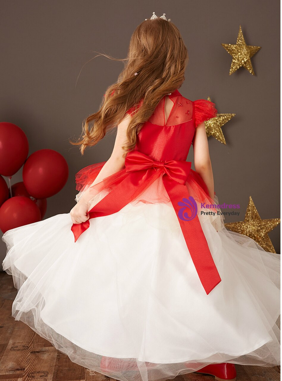 Red White Tulle Beading Long Flower Girl Dress