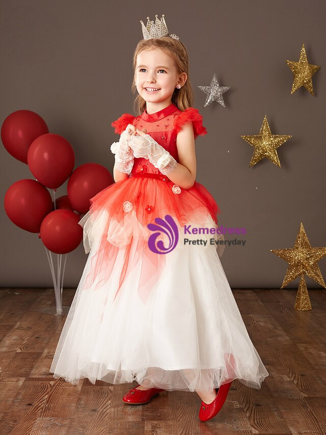 Red White Tulle Beading Long Flower Girl Dress