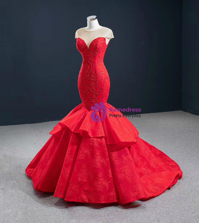 chinese dress ladies Affordable Red Long Mermaid One Shoulder Tulle Lace Prom Dress main image 0