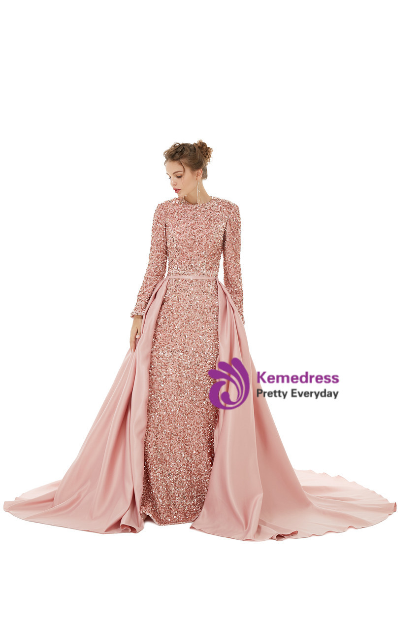Pink Mermaid Sequins Long Sleeve Prom Dress With Detachable Train