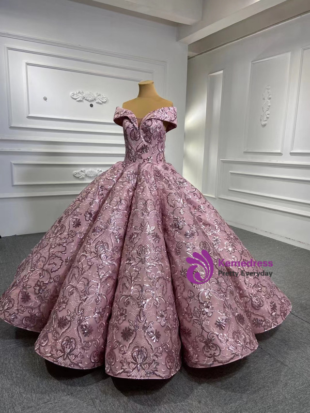 Pink Sequins Appliques Off the Shoulder Prom Dress