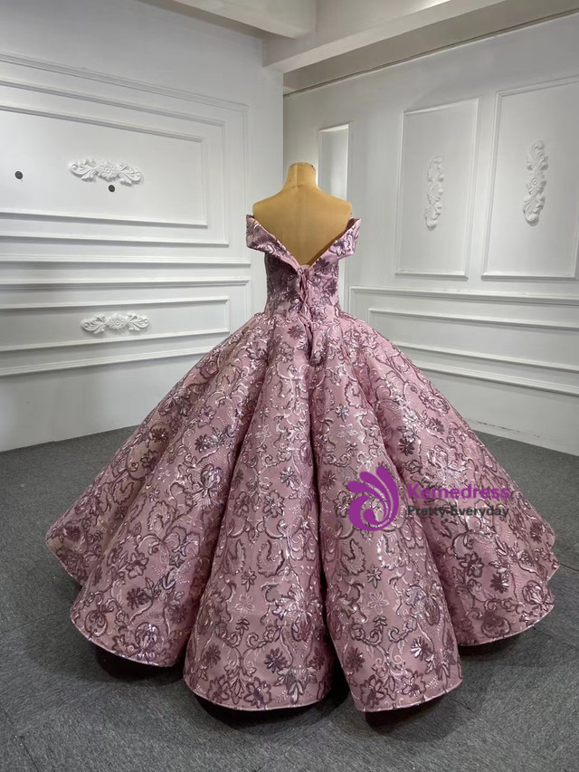 Pink Sequins Appliques Off the Shoulder Prom Dress
