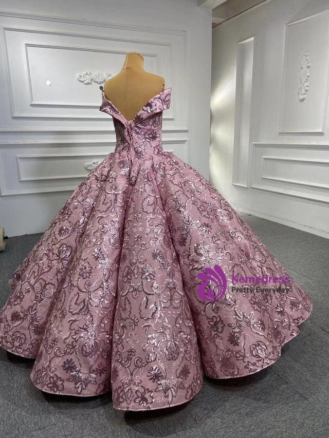 Pink Sequins Appliques Off the Shoulder Prom Dress