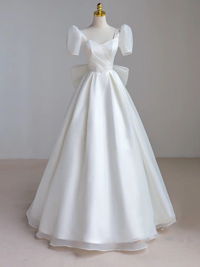 White Tulle Short Sleeve Bow Wedding Dress