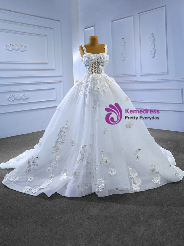 White Tulle Sequins Straps 3D Flower Wedding Dress