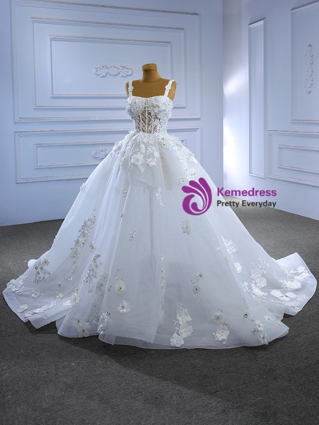 White Tulle Sequins Straps 3D Flower Wedding Dress