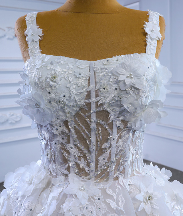 White Tulle Sequins Straps 3D Flower Wedding Dress