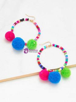 Pom Pom Decorated Beaded Earrings