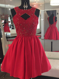 Backless Beaded Lace Red Satin Homecoming Dress Short Prom Gowns