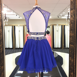Crystal Beaded High Neck Two Piece Homecoming Dresses in Royal Blue Chiffon 2018