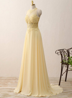Yellow Chiffon Lace Appliques A Line Long Evening Dresses 2017 Zipper-Up