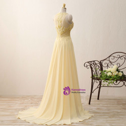 Yellow Chiffon Lace Appliques A Line Long Evening Dresses 2017 Zipper-Up