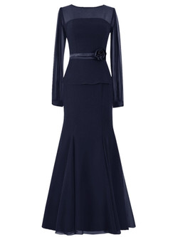 New Mermaid Long Sleeves Ribbon Trumpet Mother of the Bride Dress