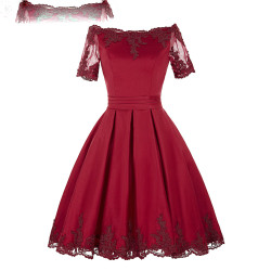 Stunning Short Sleeve Evening Dresses Champagne Red Lace Gowns Mother of the Bride Dresses
