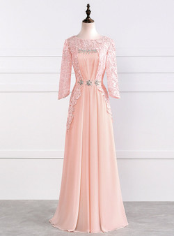 Chic O-neck Lace Sleeve Chiffon Long Mother Of The Bride Dresses Plus Size 2017