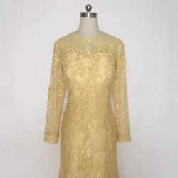 Fashion Gold Lace Long Sleeves Mother of the Bride Dresses Beaded Mermaid