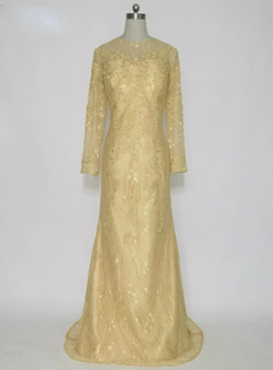 Fashion Gold Lace Long Sleeves Mother of the Bride Dresses Beaded Mermaid