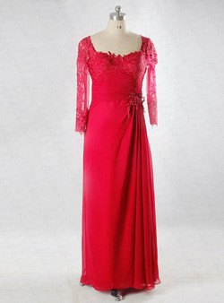 Long Chiffon Pleated Lace Sleeve  Back Red Mother Of The Bride Dress