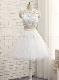 Sexy Two Pieces White Cocktail Dress Tulle Lace Cocktail Sleeveless Dress